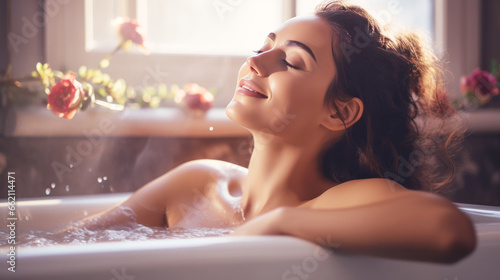 Young smiling woman breathing calmly relaxing in bath