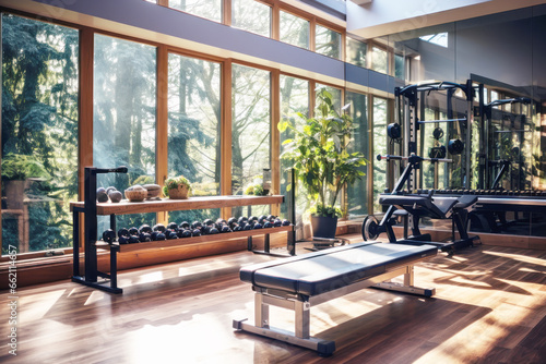 A room contains gym equipment for doing fitness exercises at home photo