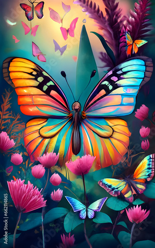 butterfly on a flower generative AI Craft a surreal and dreamy artwork featuring a butterfly with iridescent, ethereal colors. The composition should evoke a sense of wonder and magic. © Sarang