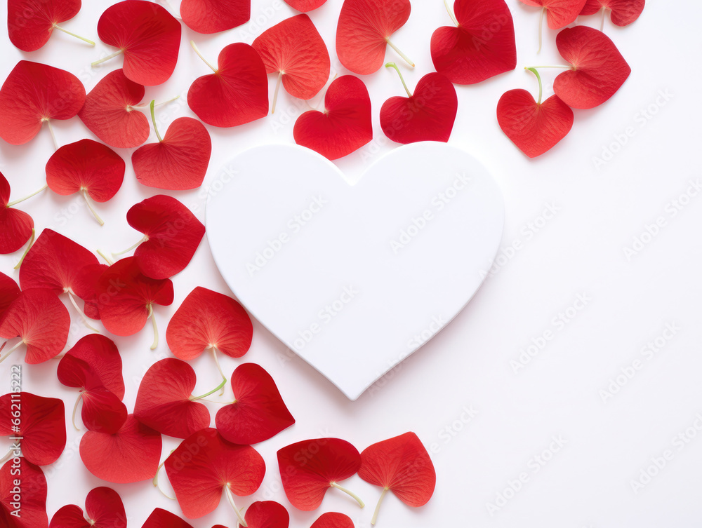White heart surrounded by small red heart shaped leaves on white background