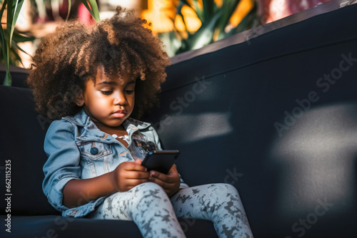 little girl playing on a tablet, smartphone, completely focus on the screen , technology