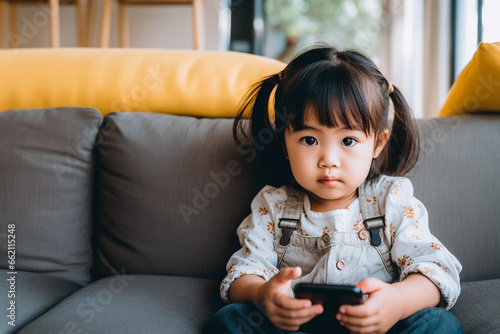 little girl playing on a tablet, smartphone, completely focus on the screen , technology