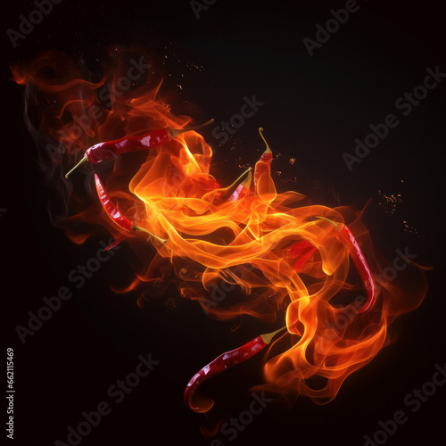 Experience the fiery taste of this red hot chili pepper engulfed in yellow and red flames. A must-have for all spicy food lovers AI Generative. photo