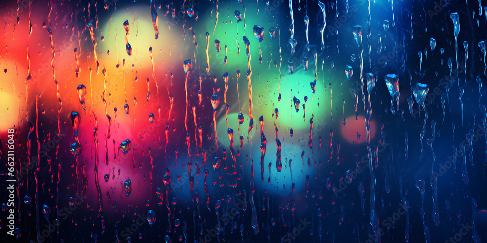 abstract colourful background with rain drops on window glass and bokeh lights