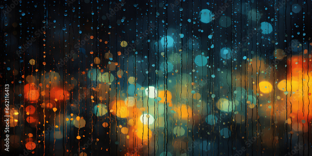 abstract colourful background with rain drops running down dark window glass and bokeh lights