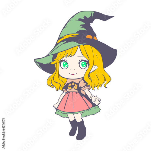 Happy young cute witch girl sketchbook cartoon style. Long curly hair and big anime style eyes. Halloween relative smiling character