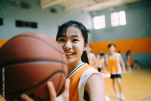 Portrait happy asian girl holding basketball in a school gymnasium photo