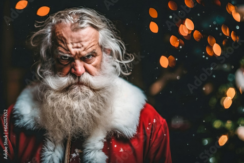 portrait of santa claus with detailed clothes, on a christmas, snowy winter background, looking angry photo