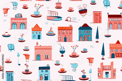Seaside cafes or restaurants quirky doodle pattern, wallpaper, background, cartoon, vector, whimsical Illustration