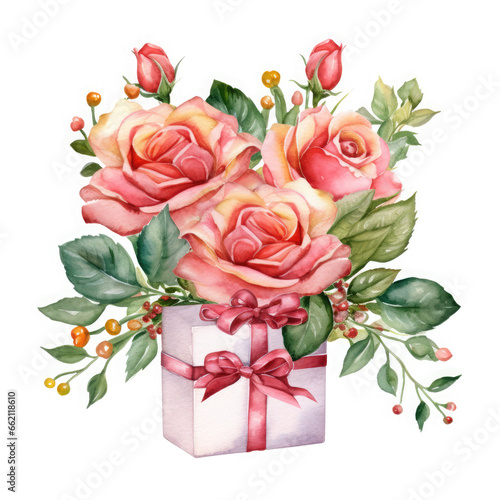 Birthday gift box and rose Illustration, Generative Ai