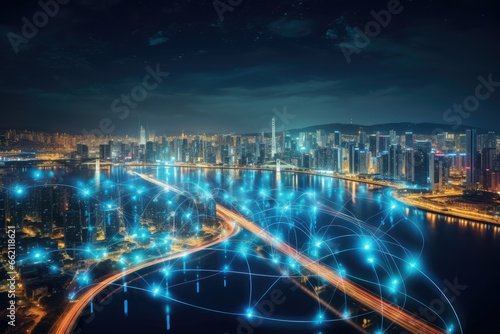 Futuristic city technology with digital glowing light reflection, smart modern mega city, neon technology background, Night life Smart futuristic city big data technology concept.