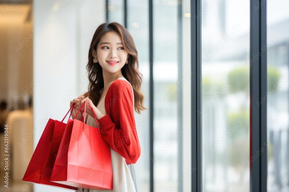 Asian woman with red shopping bags in the department store hallway background. Asian woman with red shopping bags in the department store hallway background.