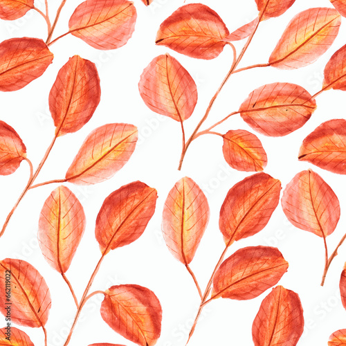 watercolor drawing, seamless pattern with yellow and brown leaves and twigs