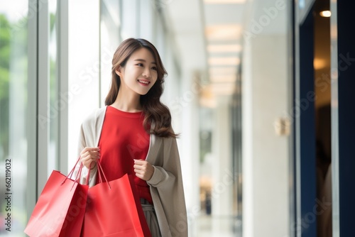 Asian woman with red shopping bags in the department store hallway background.