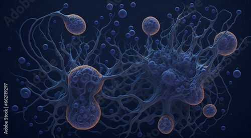 A hauntingly beautiful rendering of cancer cells multiplying and spreading, their twisted and distorted forms creating a visually striking and diverse landscape