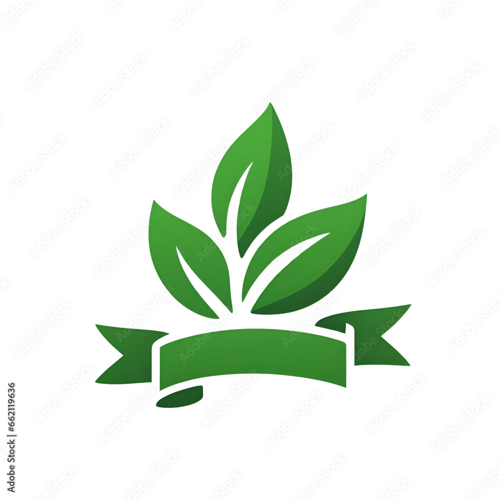 Green leaf with ribbon illustration cut out background 