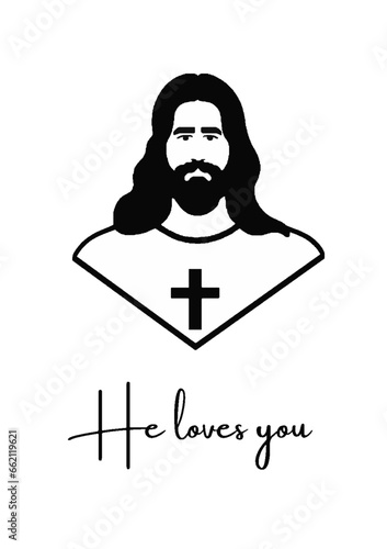 Jesus Christ he loves you, Blessed jesus christ, Jesus Christ portrait with high quality vector illustration.For covers, books, posters, t-shirts, clothes, car mirror