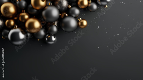 Top view of the Christmas background, with golden and gray Christmas balls on a gray background.