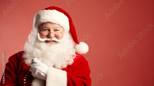 Santa Claus is smiling on a red background.