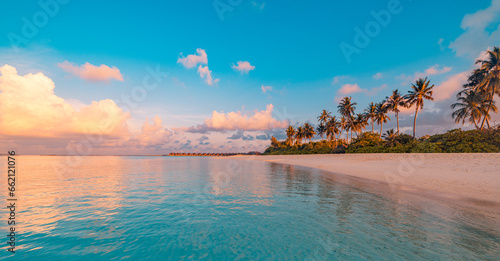 Fototapeta Naklejka Na Ścianę i Meble -  Best sandy island beach. Silhouette palm trees destination landscape panorama. Inspire popular vacation tropic seascape horizon. Majestic nature sunset sea sky reflection. Tranquil relax summer travel
