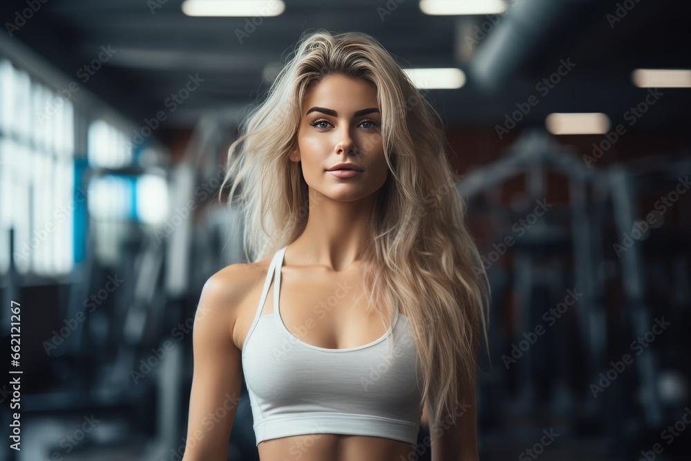 Caucasian healthy female blonde hair and wear grey sport bra portrait after weight training and running in the fitness sport club daily routine activity for wellbeing