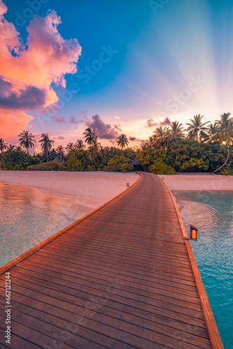 Amazing sunset panorama Maldives. Luxury resort pier path seascape romantic led lights colorful sky clouds. Paradise island coconut tree silhouette. Best travel beach background. Panoramic vacation © icemanphotos