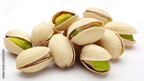 Pistachio nuts on neutral background.