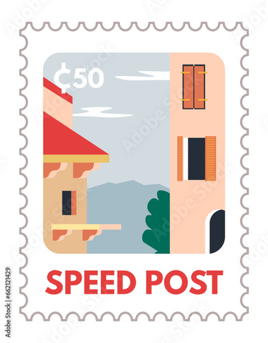 Speed post, postcard or mark with city scenery