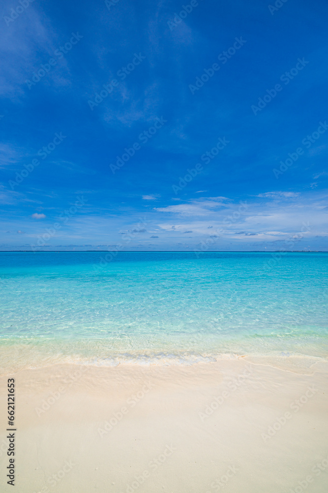 Closeup sea waves sand beach. Panoramic beach landscape. Inspire tropical island coast seascape horizon. Sunny summer popular destination background. Idyllic best travel vacation seaside beachfront