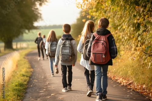 Close up of school children with backpack going to school on countryside road in background of beautiful autumn season. Commuting to and from school concept.