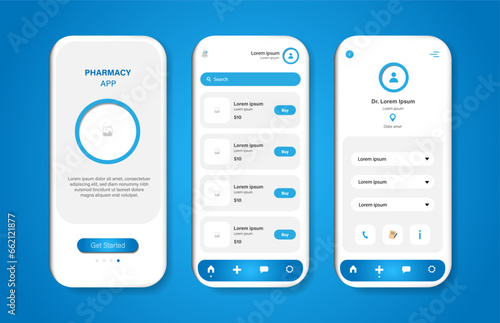 Online pharmacy concept design for mobile application. Pharmacy platform screen with products and doctor consultation. Graphical user interface for responsive mobile applications