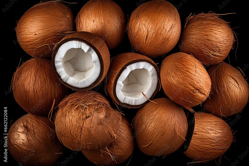 top view of a bunch of coconuts with shells top view of a bunch of coconuts with shells
