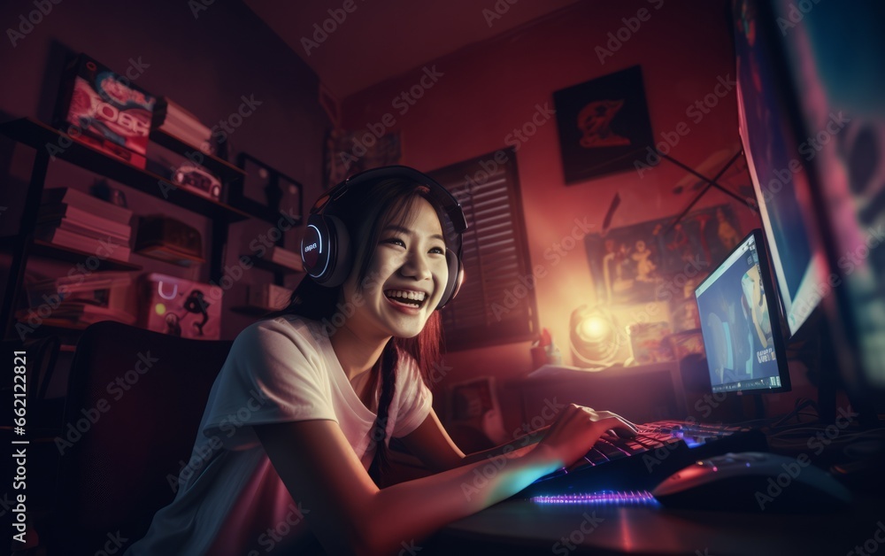 Happy professional gamer playing online video game. - obrazy, fototapety, plakaty 