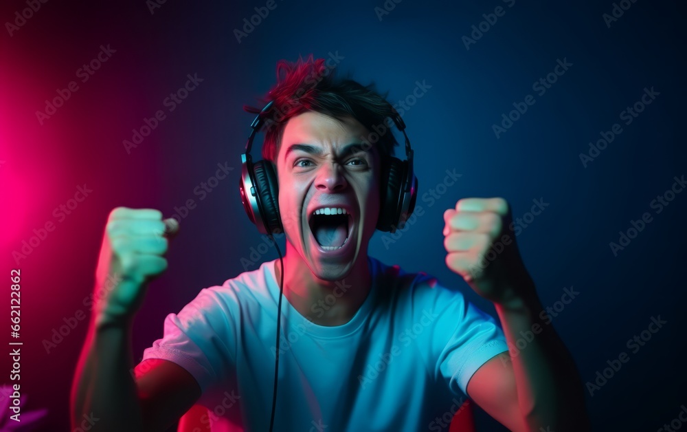 Happy professional gamer playing online video game. Happy professional gamer playing online video game.