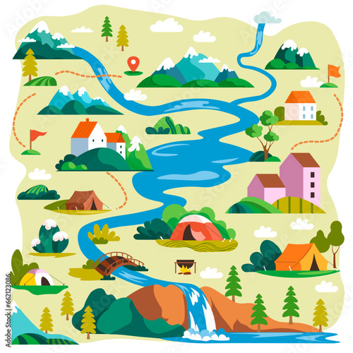 Hiking cartoon map or route with pointers vector