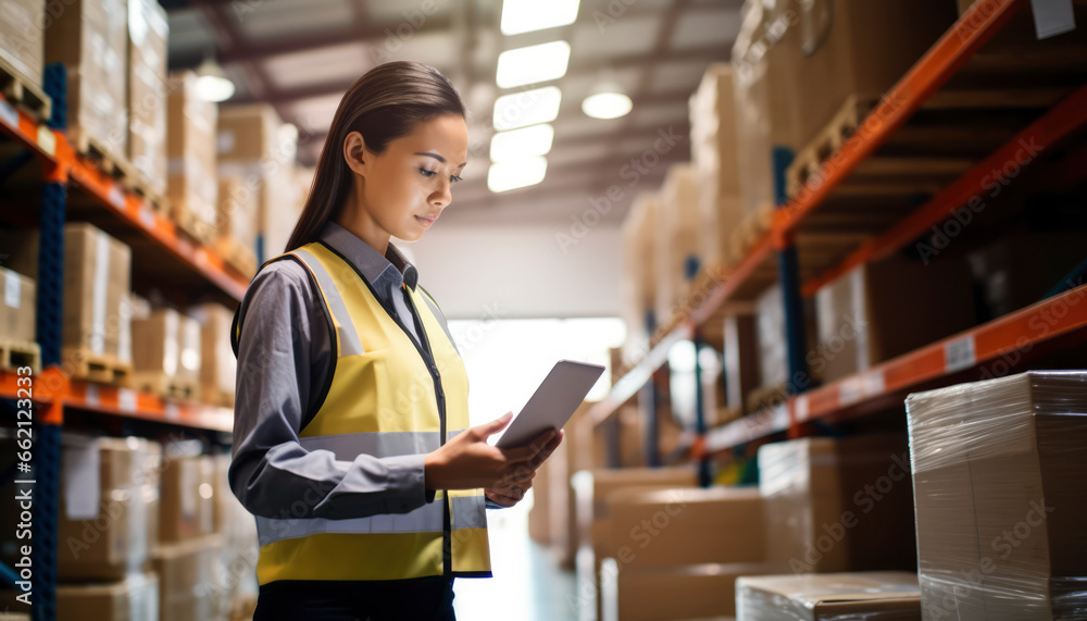 logistics employee is using a digital tablet to match shipping labels with an inventory list. They're managing the inventory with special warehouse software,banner logistics employee is using a digital tablet to match shipping labels with an inventory list. They're managing the inventory with special warehouse software,banner
