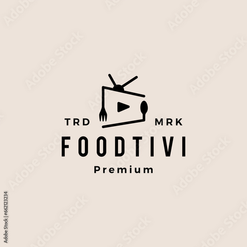 fork spoon food channel television tv culinary review retro hipster vintage logo vector icon illustration