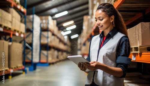 logistics employee is using a digital tablet to match shipping labels with an inventory list. They're managing the inventory with special warehouse software,banner