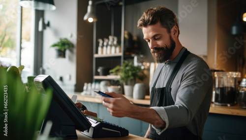A man uses his black credit card for a quick contactless payment at the checkout. He's enjoying the benefits from his high-end bank account,banne