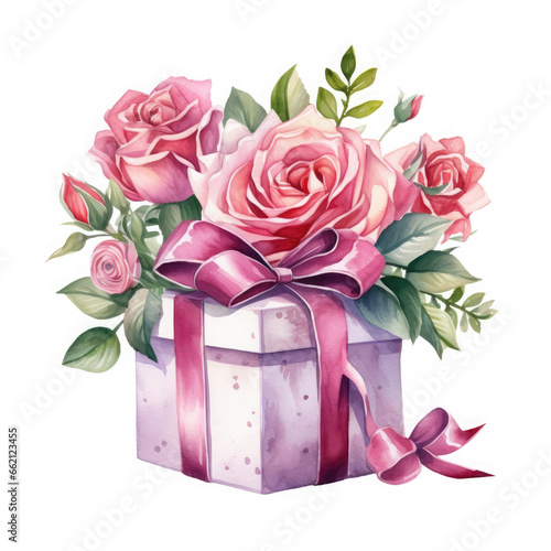 Birthday gift box and rose Illustration, Generative Ai