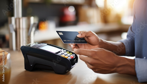 Customers make electronic payments at the retail store's checkout. Buying, selling, and banking with credit cards is seamless and convenient photo