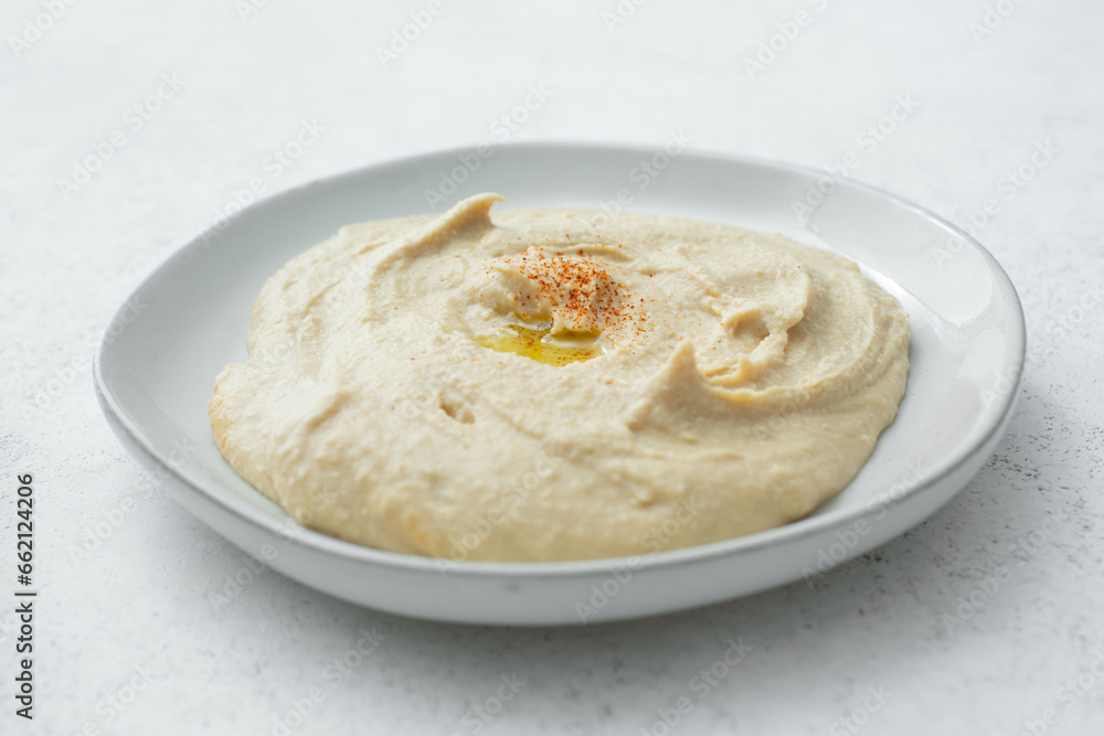 A view of a plate of hummus.