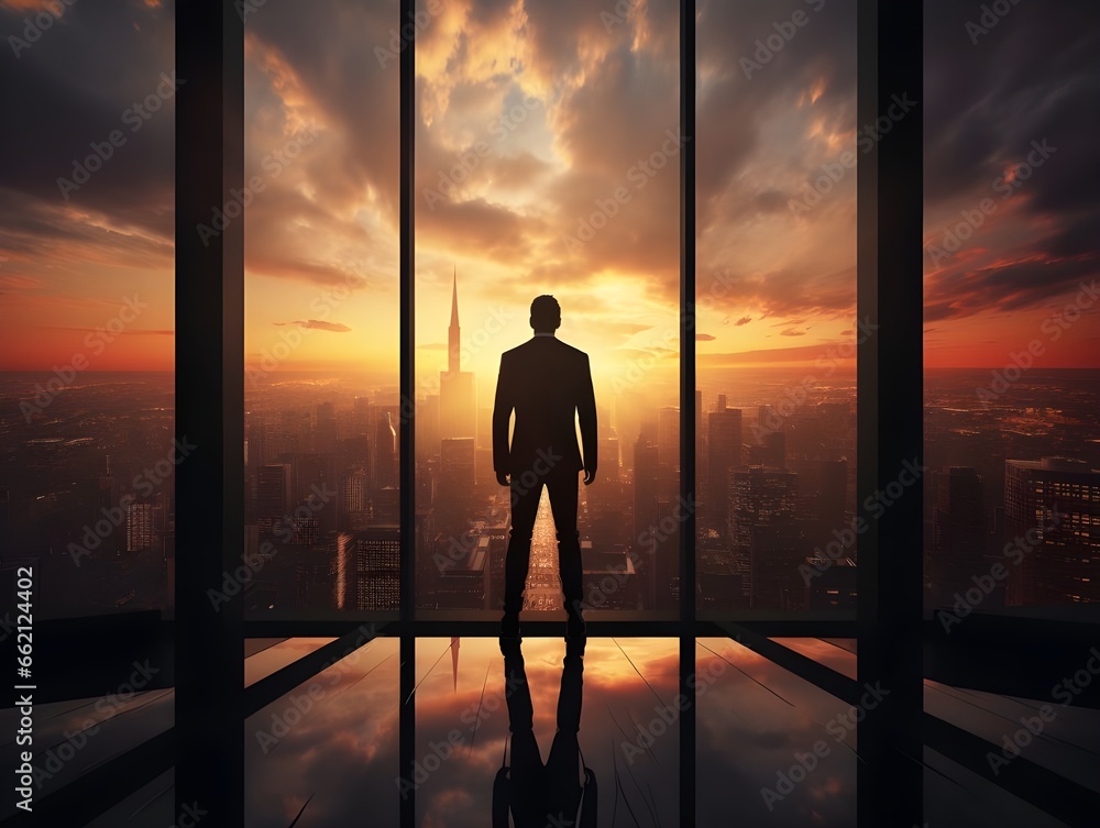 businessman standing in front of glass building at sunset businessman standing in front of glass building at sunset