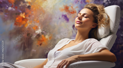 woman relaxing in massage chair in a living room photo