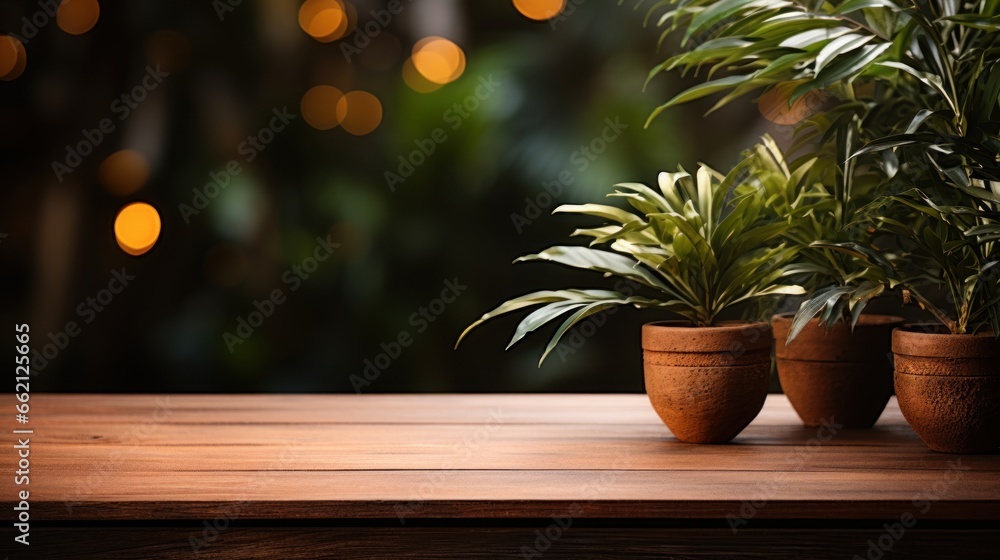 Wooden table with potted plants and Beautiful bokeh background