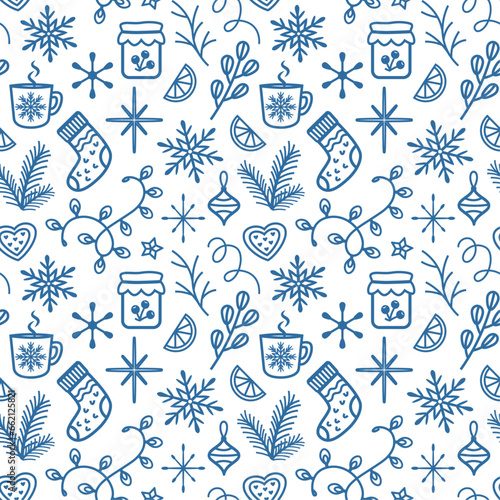 Cozy Christmas vector seamless pattern with fir branches, garland, socks, hot drink, decorations Line drawing style, wallpaper design, textile and wrapping paper print.