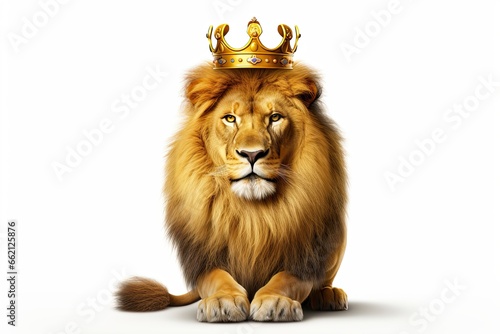 king lion wearing a crown isolated on white background