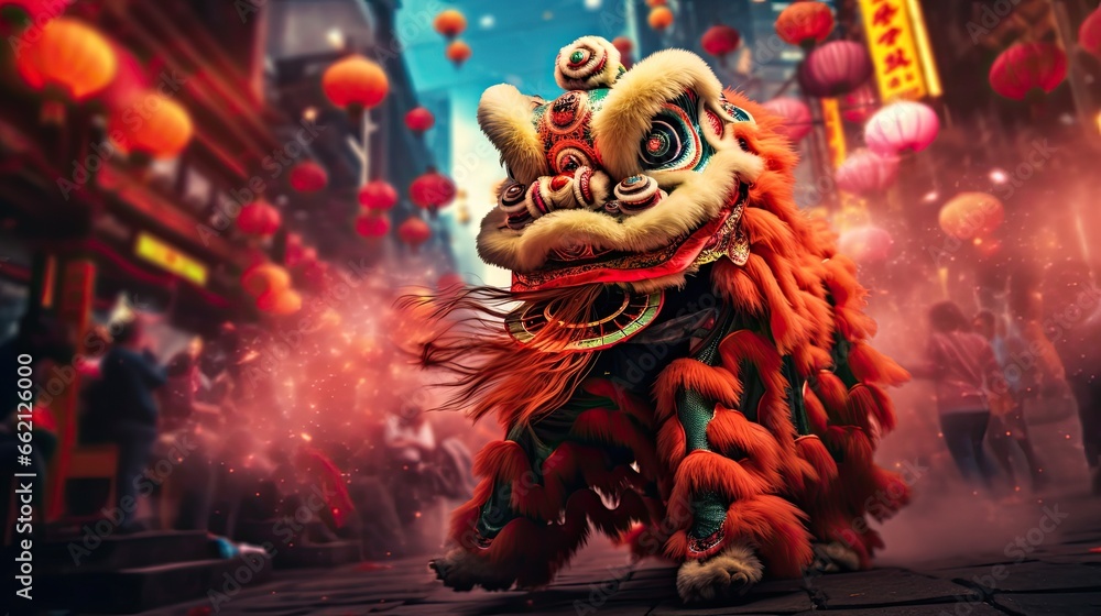 chinese lion dance celebrating new year in the street