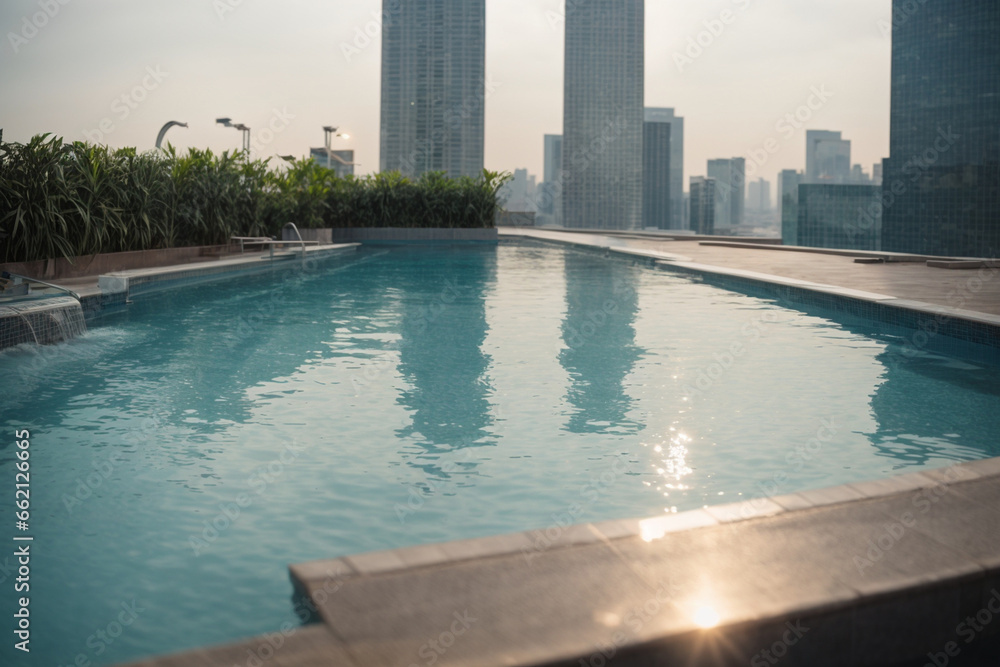 Fototapeta premium an amazing view of a swimming pool on a rooftop apartment surrounded by buildings