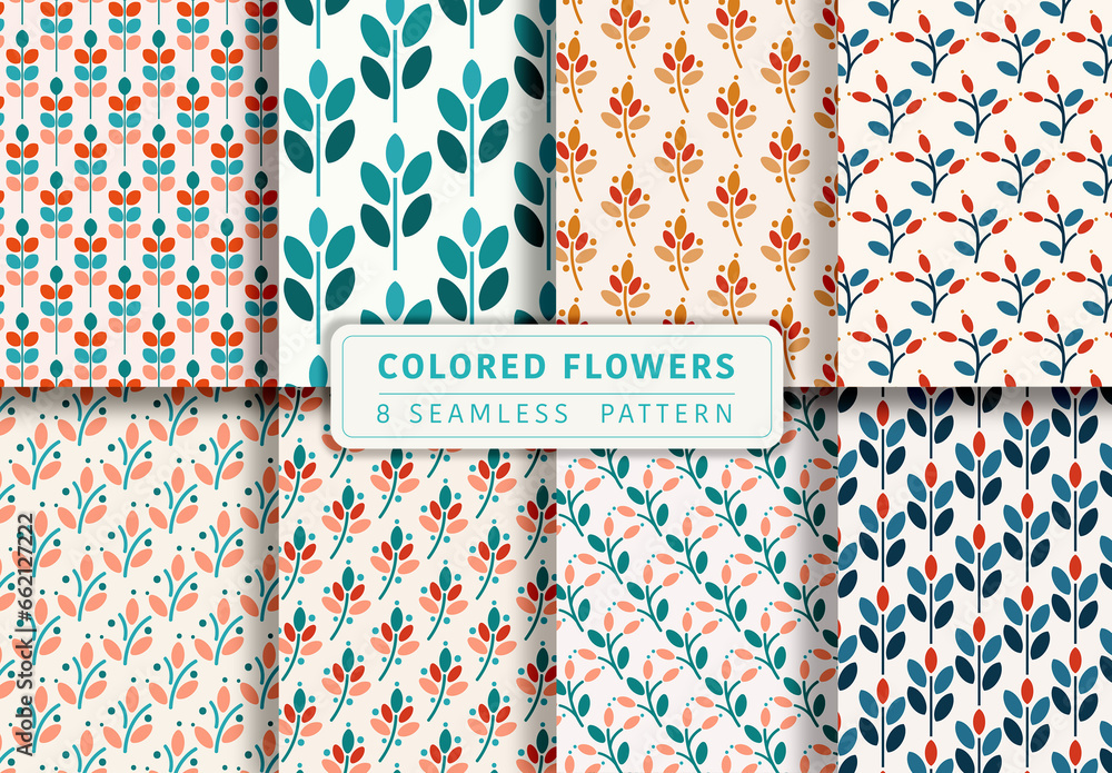 Mockup of 8 customizable repeatable retro patterns, leaf and floral ...